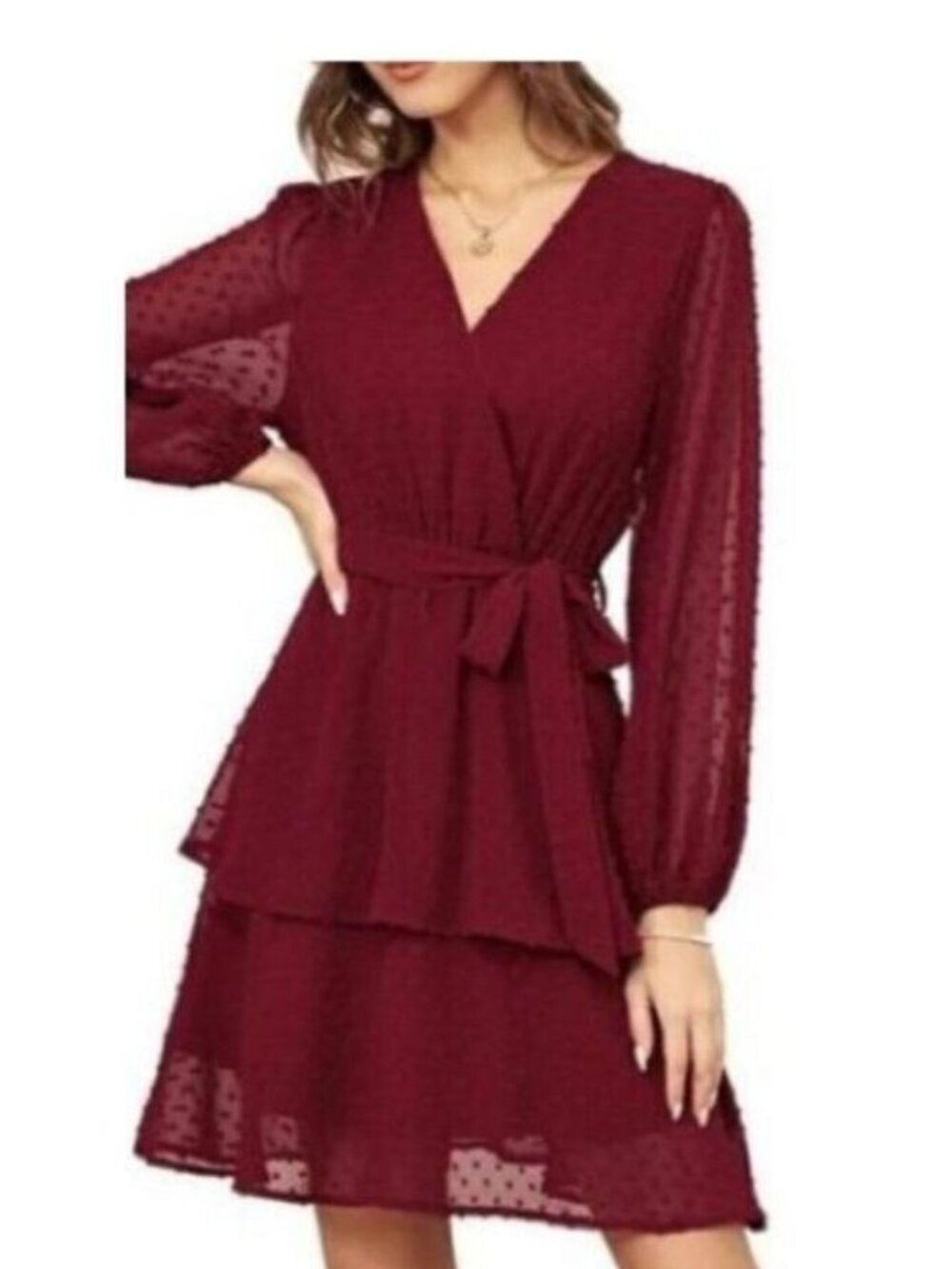 ✨ Grace Karin Swiss Dot Chiffon Dress Burgundy Small NWT Sheer Long Sleeve